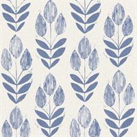 Scandinavian Blue Block Print Tulip Wallpaper