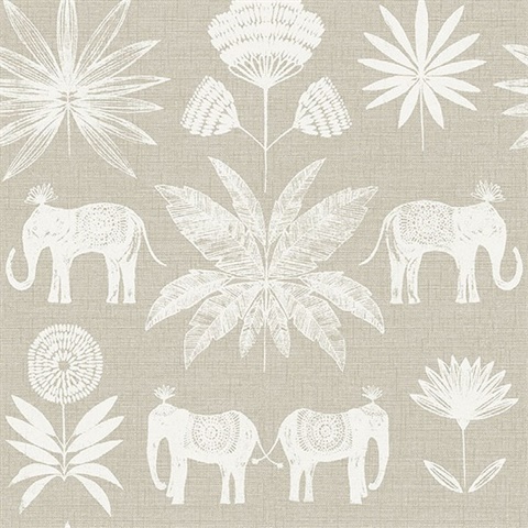 Bazaar Light Grey Elephant Oasis Wallpaper