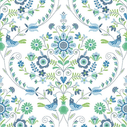 Britt Sapphire Embroidered Damask Wallpaper