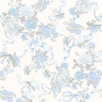 Cabbage Rose Bow Dusty River Blue Ribbons & Roses Wallpaper