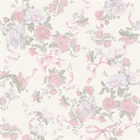 Cabbage Rose Bow Pretty in Pink Ribbons & Roses Wallpaper