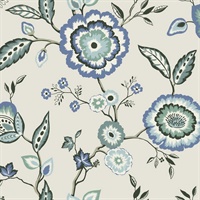 Dahlia Blooms Dove/Cornflower Wallpaper