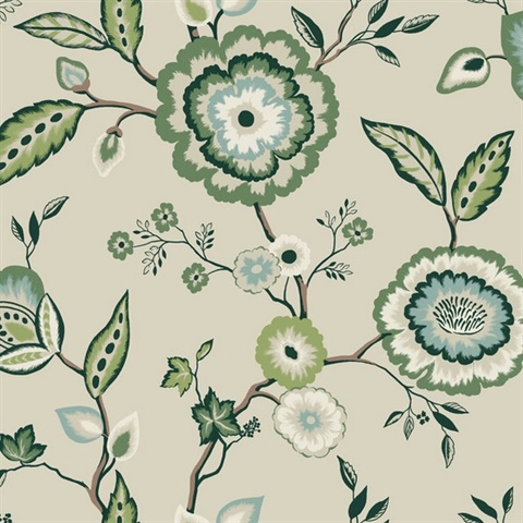 Dahlia Blooms Linen/Jade Wallpaper