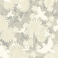 Drömma Light Grey Songbirds and Sunflowers Wallpaper