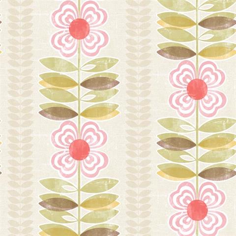 Flora Pink Modern Floral Stripe Wallpaper