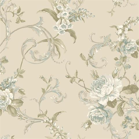 PL4605 | Hyde Park | Blue and Tan Floral Scroll Wallpaper ...