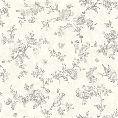 French Nightingale Taupe Floral Scroll Wallpaper