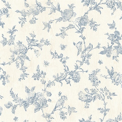 French Nightingale Blue Floral Scroll Wallpaper