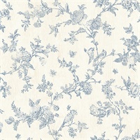 French Nightingale Blue Floral Scroll Wallpaper