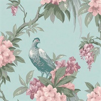 Golden Pheasant Aqua Floral Wallpaper