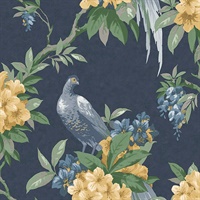 Golden Pheasant Dark Blue Floral Wallpaper