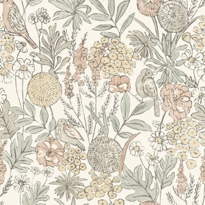 Goldfinch Peach Birds and Blooms Wallpaper