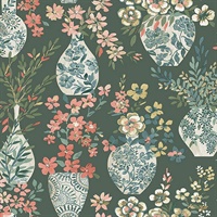 Harper Green Floral Vase Wallpaper