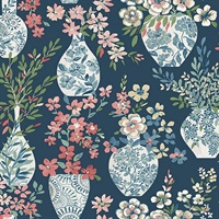 Harper Teal Floral Vase Wallpaper
