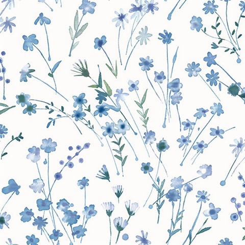 Heidi Blue Watercolor Florals Wallpaper