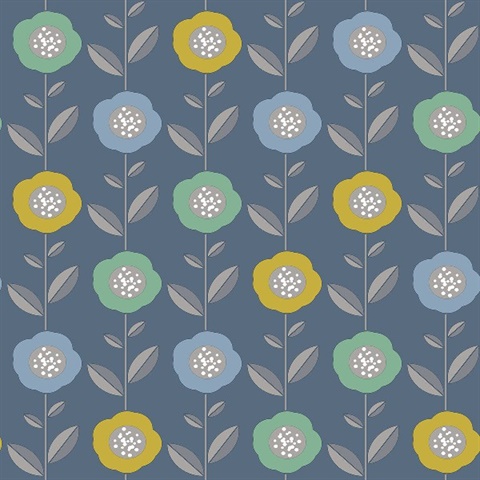 Helsinki Blue Flowers Wallpaper