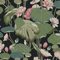 Lotus Pond Midnight/Flamingo Wallpaper