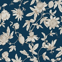 Navy Passion Flower Toile Wallpaper