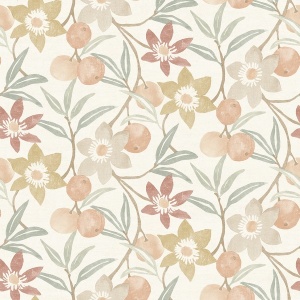 Passiflora Peach Fruit and Floral Wallpaper