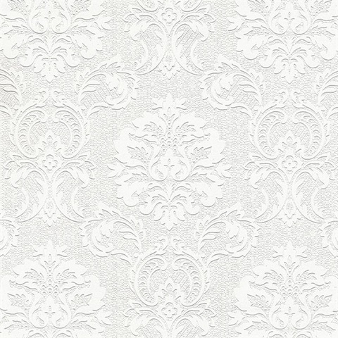 Plouf White Damask Paintable Wallpaper