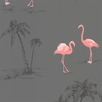 Sanibel Dark Grey Flamingo Wallpaper