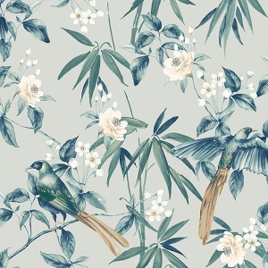 Suzume Teal Birds and Blooms Wallpaper