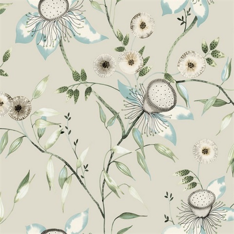 Taupe & Aqua Dream Blossom Wallpaper