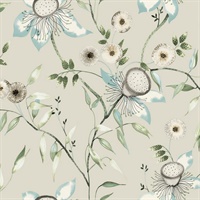 Taupe & Aqua Dream Blossom Wallpaper